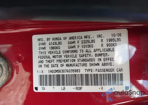 2007 Honda Accord 2.4 Se z USA, uszkodzony, nr VIN 1HGCM56307A035983